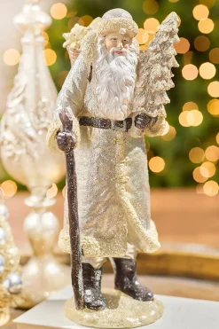 12" Resin Glitter Vintage Santa With Tree And Staff