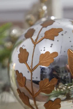 6" Round Antique Mercury Glass and Botanical Gold Etched Ornament