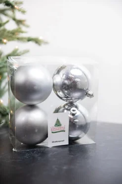 3.9” Shiny/Matte Silver Shatterproof Ornaments - Set of 4
