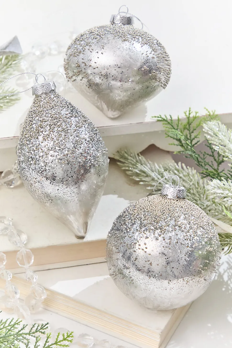 4" - 4.5" Silver Beaded Glass Ornament