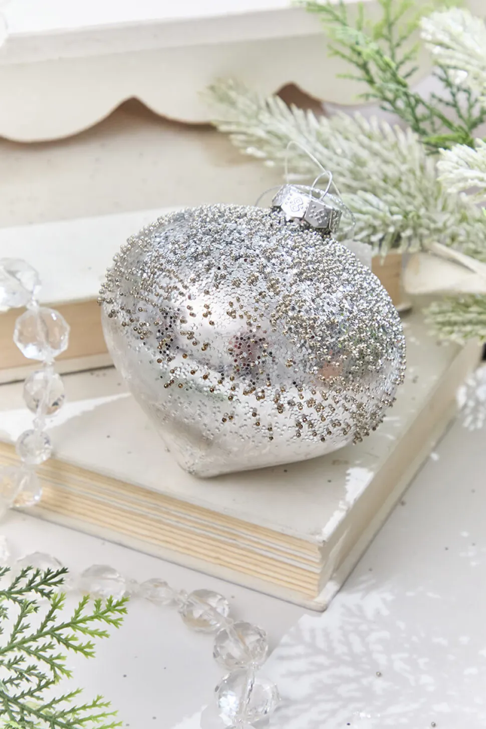 4" - 4.5" Silver Beaded Glass Ornament