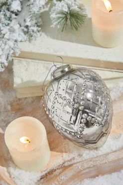 5" Silver Beaded Regal Burnished Mercury Glass Ornament