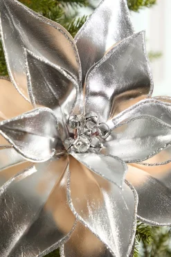 24" Silver Retro Poinsettia Stem with Jingle Bells