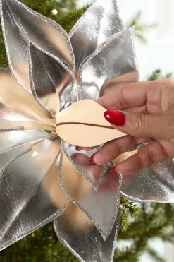 24" Silver Retro Poinsettia Stem with Jingle Bells