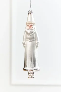 8" Silver & White Glass Santa Ornament
