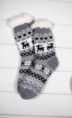 Snowflake Sparkle Deer Thermal Slipper Socks with Non-Slip Grippers