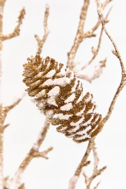 36" Snowy Golden Pinecone Spray