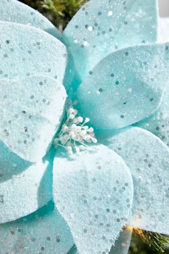 22" Teal with Sparkles Frosted Poinsettia Stem