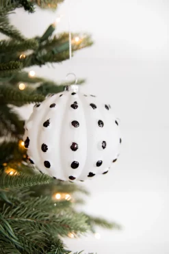 4” White and Black Glass Dotted/Striped/Quilted Ornament