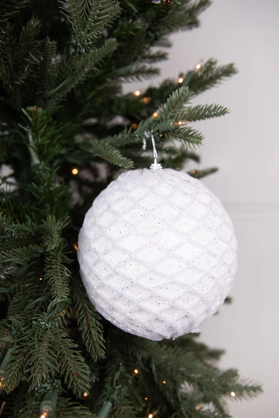 6” White Glittered Net Ball Ornament