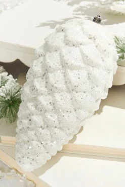 9" White Glitter Pinecone with Hanger