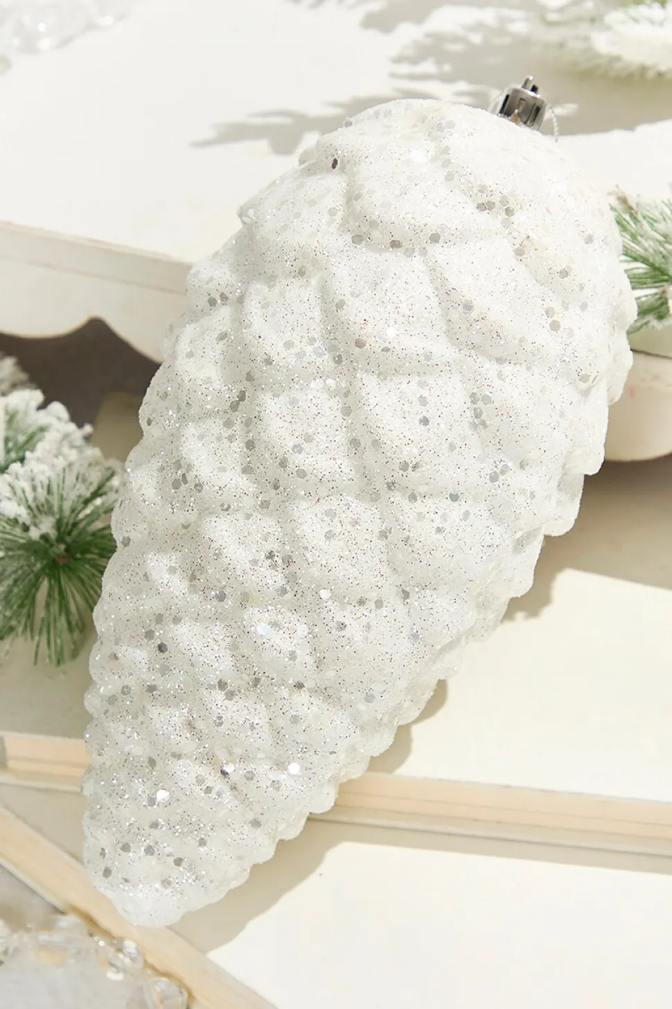9" White Glitter Pinecone with Hanger