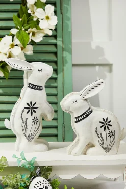 8" - 10" White With Black Bunny Resin Figure - Set of 2