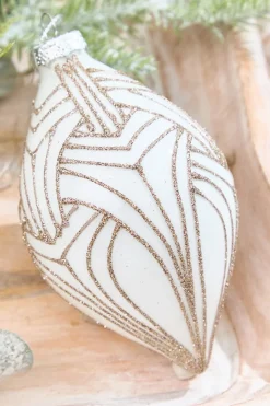5" - 6" White With Champagne Glitter Art Deco Glass Ornament