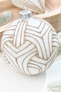 5" - 6" White With Champagne Glitter Art Deco Glass Ornament