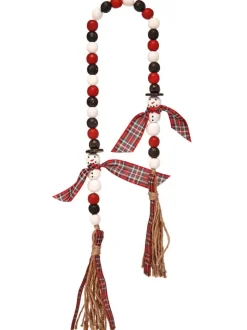 34” Wood Bead Snowman with Plaid Garland