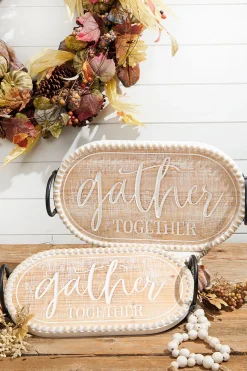 Wood Engraved & Metal Harvest Design Trays - Set of 2