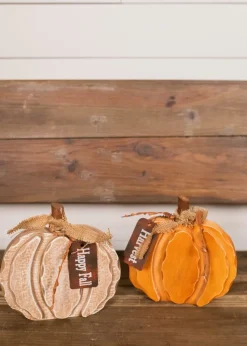 8” Wood Harvest Pumpkin with Burlap Bow and Berry Accents
