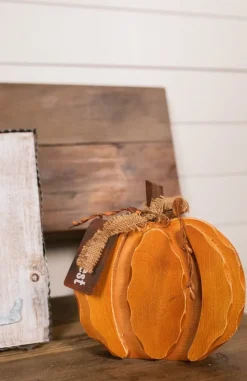 8” Wood Harvest Pumpkin with Burlap Bow and Berry Accents