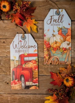 16” Wood Harvest Wall Hanging Decor Red Truck & Pumpkins