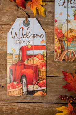 16” Wood Harvest Wall Hanging Decor Red Truck & Pumpkins