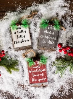 5” Wood Holiday Sign Ornament with Pinecone Accent