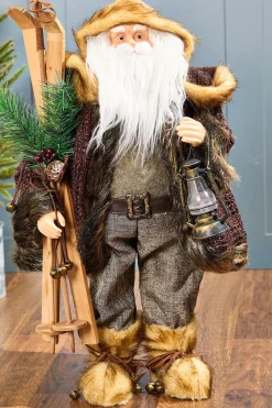 25” Woven Burlap Santa With Skis & Lantern