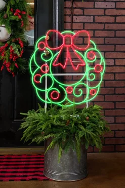 23" Wreath With Swirl Lit Neon Sign Metal Yard Stake