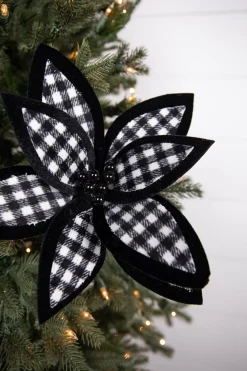 21” x 12" Black and White Plaid Poinsettia Stem with Black Berries
