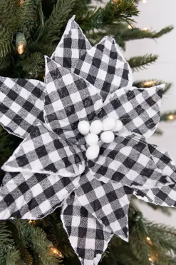 22” x 10.5" Black and White Plaid Poinsettia Stem with White Berries