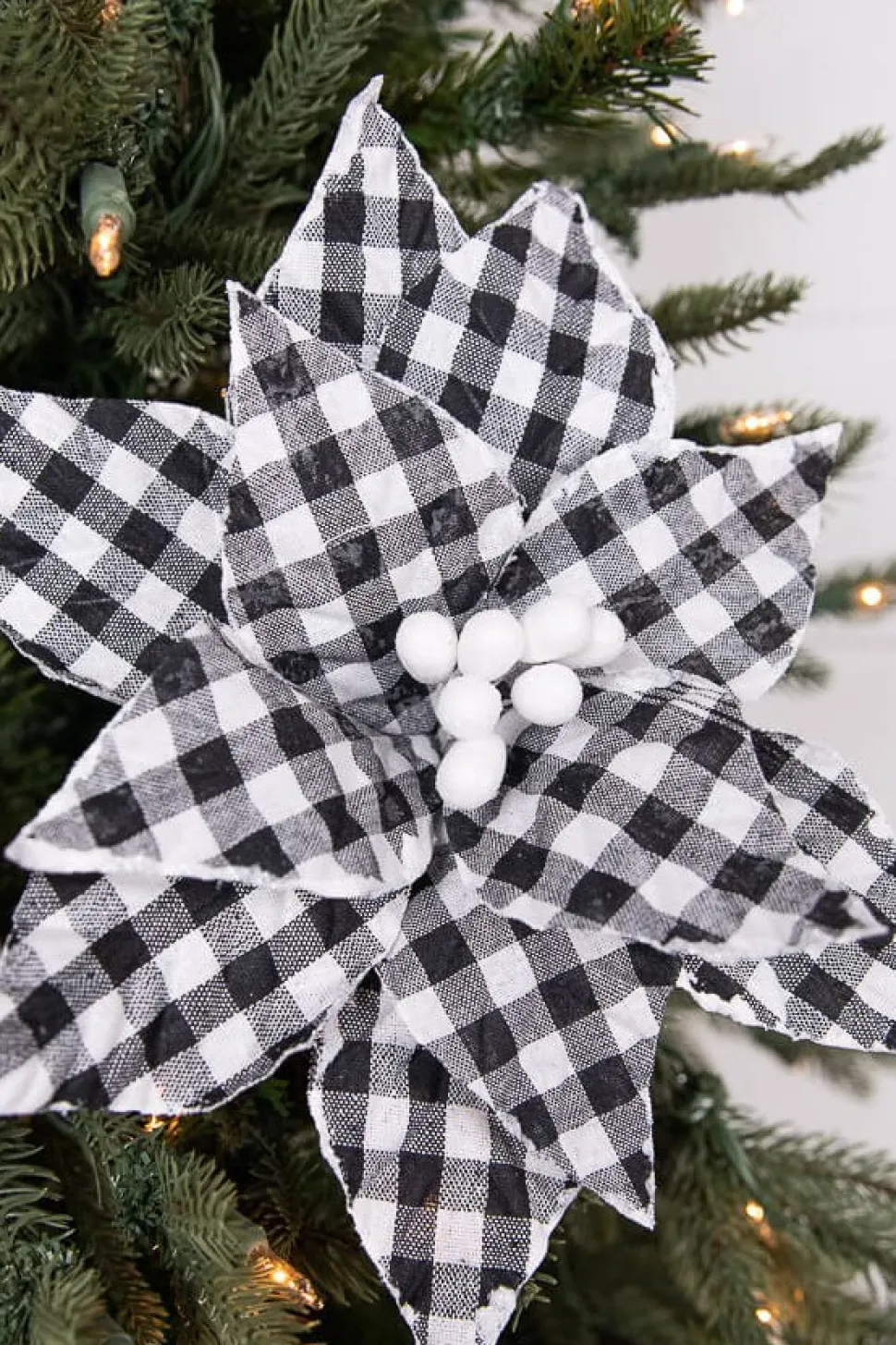 22” x 10.5" Black and White Plaid Poinsettia Stem with White Berries