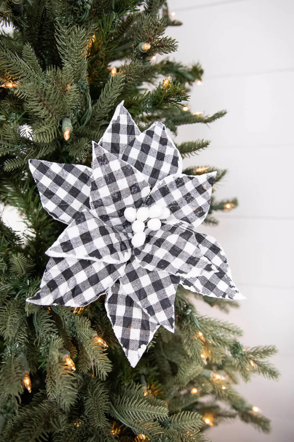 22” x 10.5" Black and White Plaid Poinsettia Stem with White Berries
