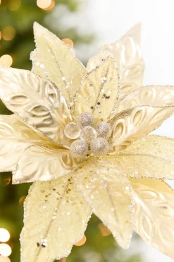 24" x 10" Champagne Glitter Edge & Bead Poinsettia Stem