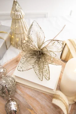 24” x 12" Champagne Glitter Sequin Mesh Poinsettia Stem