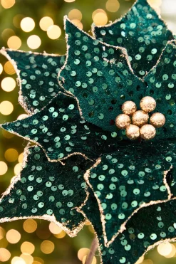 20" x 12” Emerald & Gold Sequin Poinsettia Stem