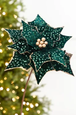 20" x 12” Emerald & Gold Sequin Poinsettia Stem