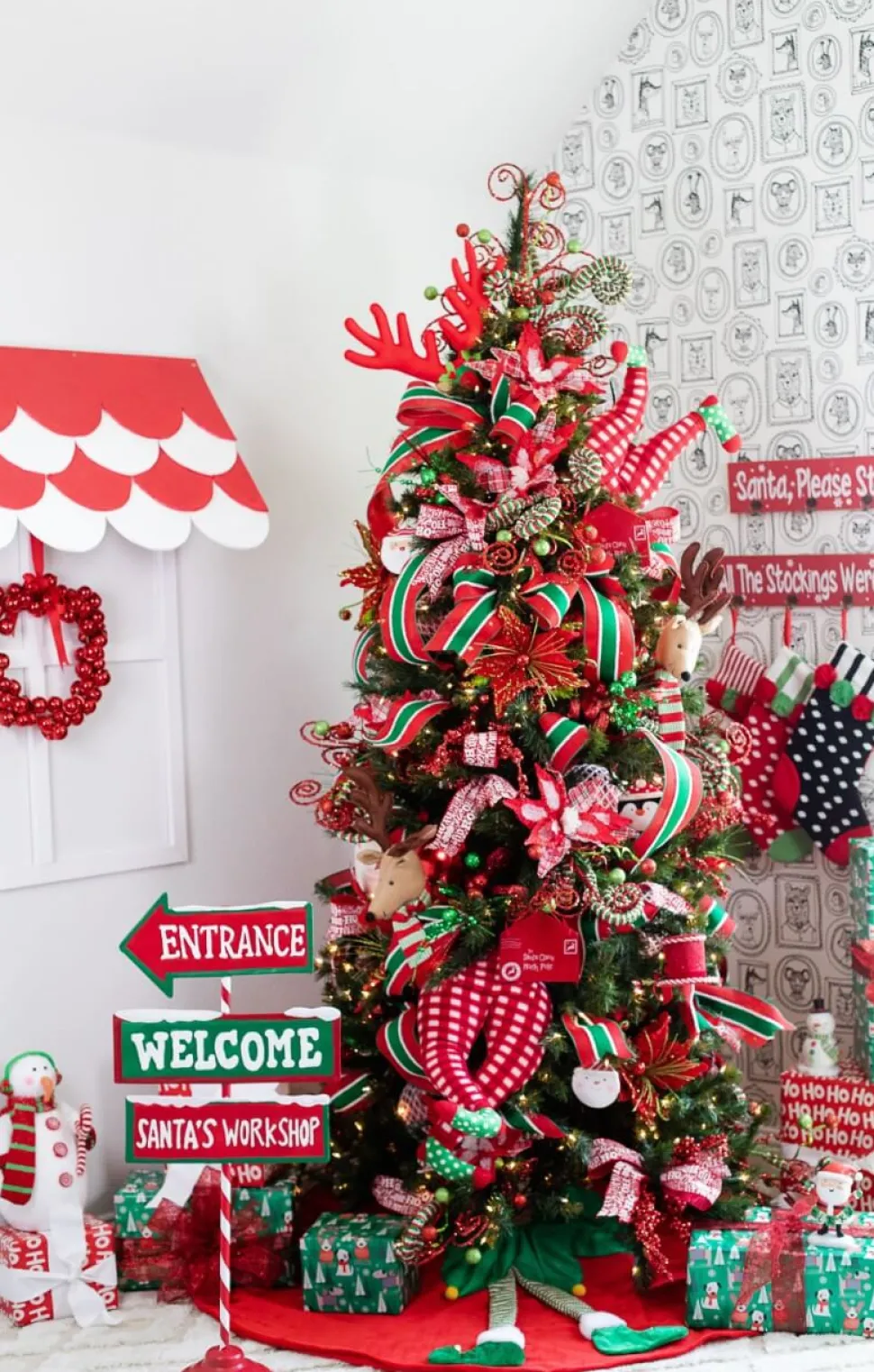 34” x 13" Frost Snowflake Plaid Velvet Poinsettia Stem