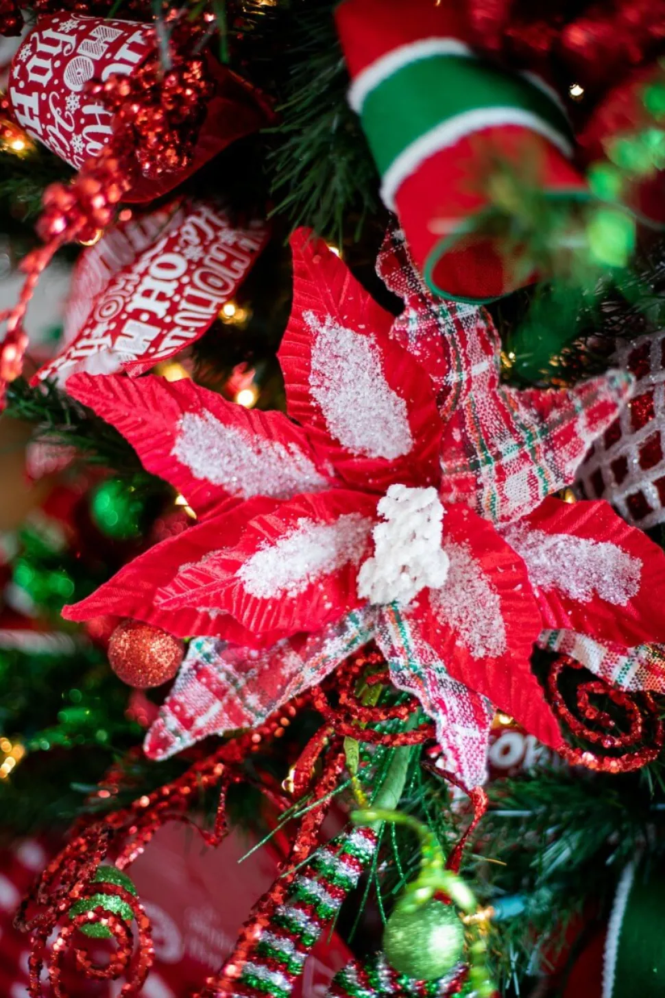 34” x 13" Frost Snowflake Plaid Velvet Poinsettia Stem