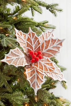 22" x 12" Ginger and White Frosted Poinsettia Stem with Red Berries