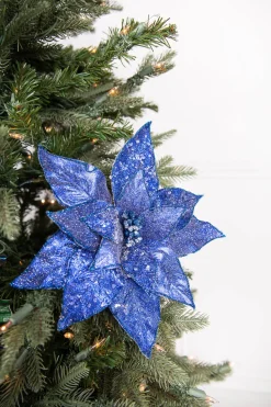 24” x 11" Glitter Iced Poinsettia Stem - Midnight Blue