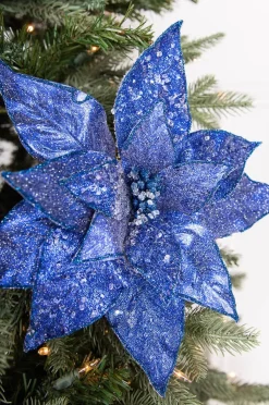 24” x 11" Glitter Iced Poinsettia Stem - Midnight Blue
