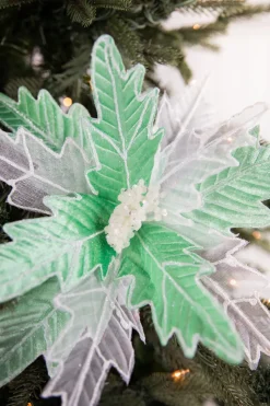 24” x 13" Green & White Frosted Glitter Poinsettia Stem