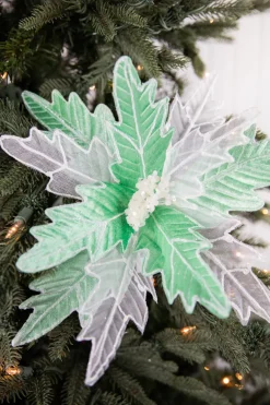 24” x 13" Green & White Frosted Glitter Poinsettia Stem