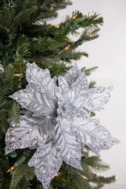 24" x 12" Leafy Silver Poinsettia Stem
