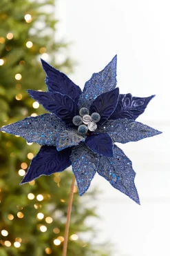 24" x 10" Navy Glitter Edge & Bead Poinsettia Stem