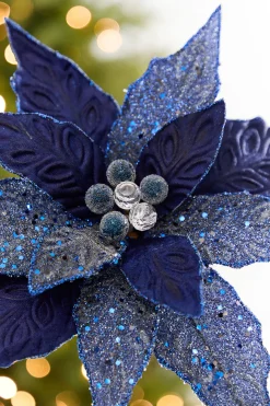 24" x 10" Navy Glitter Edge & Bead Poinsettia Stem