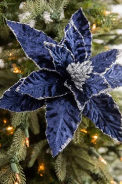 24” x 12.5" Navy Glitter Edge Velvet Poinsettia Stem