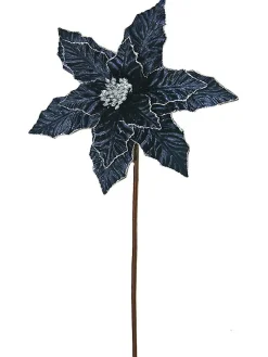24” x 12.5" Navy Glitter Edge Velvet Poinsettia Stem