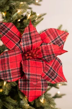 22” x 13” Plaid Poinsettia Stem Red