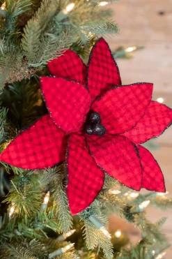24” x 14" Red/Black Buffalo Check Velvet Poinsettia Stem